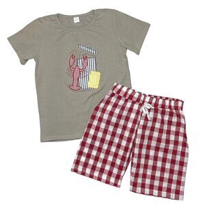 Crawfish Appliqué Tee & Plaid Shorts 2 Pcs Set Red Grey 6/7
